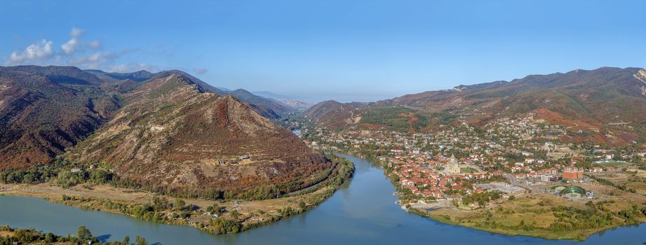 Panoramic view of Kura and Aragvi rivers merge from Jvari Monastery hill, Georgia