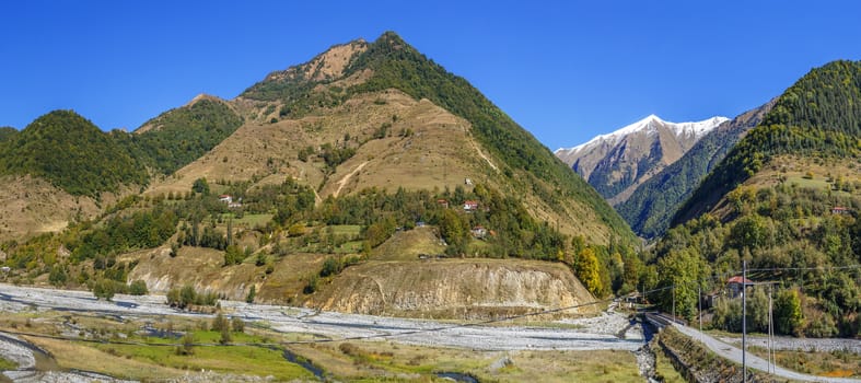 Panoramic landscape with mountains in Aragvi Valley along the Georgian Military Road, Georgia