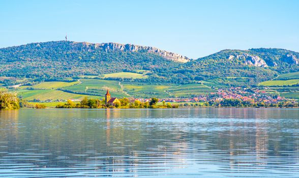 Palava Hills above Nove Mlyny Reservoir on sunny summer day. Palava Protected Landscape Area, Southern Moravia, Czech Republic.