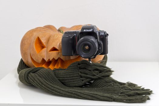 orange halloween pumpkin with carving, crushed and collapsible typology, on a background in nature or white