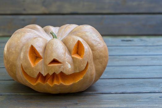 orange halloween pumpkin with carving, crushed and collapsible typology, on a background in nature or white