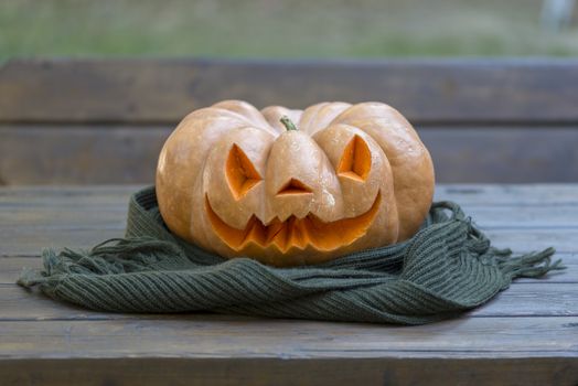 orange halloween pumpkin with carving, crushed and collapsible typology, on a background in nature or white