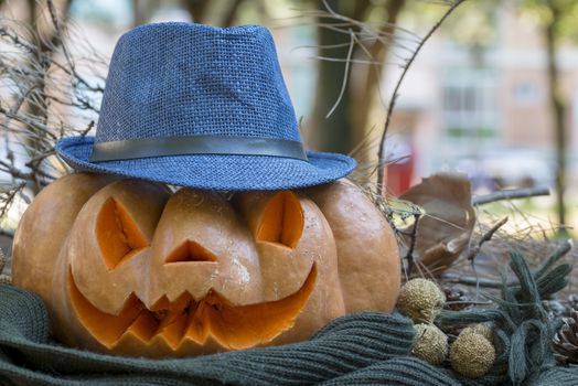 orange halloween pumpkin with carving, crushed and collapsible typology, on a background in nature or white