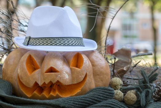 orange halloween pumpkin with carving, crushed and collapsible typology, on a background in nature or white