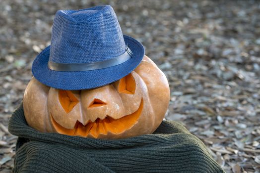 orange halloween pumpkin with carving, crushed and collapsible typology, on a background in nature or white