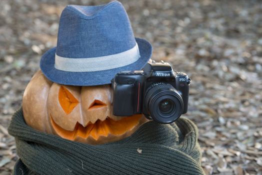 orange halloween pumpkin with carving, crushed and collapsible typology, on a background in nature or white