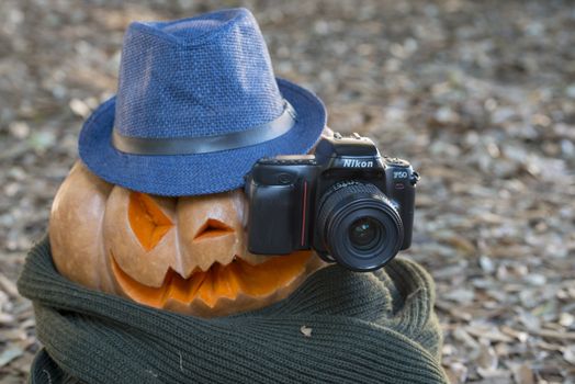 orange halloween pumpkin with carving, crushed and collapsible typology, on a background in nature or white