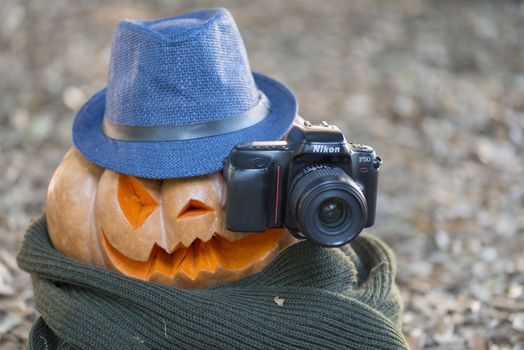 orange halloween pumpkin with carving, crushed and collapsible typology, on a background in nature or white