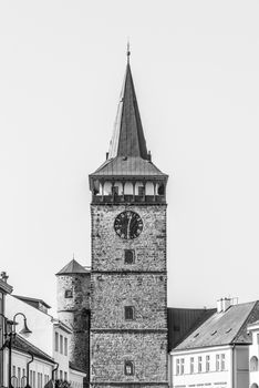 Detailed view of Valdice Gate, or Valdicka brana, in Jicin, Czech Republic. Black and white image.