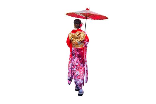 Asian woman wearing japanese traditional kimono with umbrella on white background.