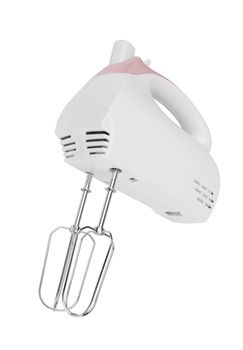 Electrical hand mixer and dishware isolated on a white background