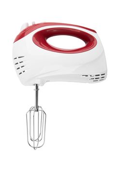 Electrical hand mixer and dishware isolated on a white background