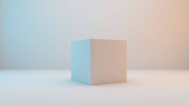 Milky white cube isolated on white background with slightly blue and orange lighting .