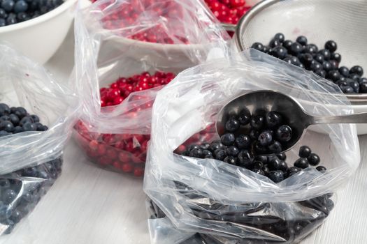 Process of preparing berries for freezing - folding into bads.