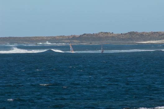 Windsurfers. Majanicho. La Oliva. Fuerteventura. Canary Islands. Spain.