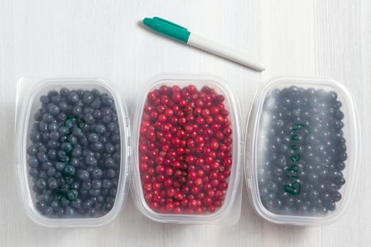 Berries laid out in containers, signed with a marker and prepared for freezing and storage, top view.