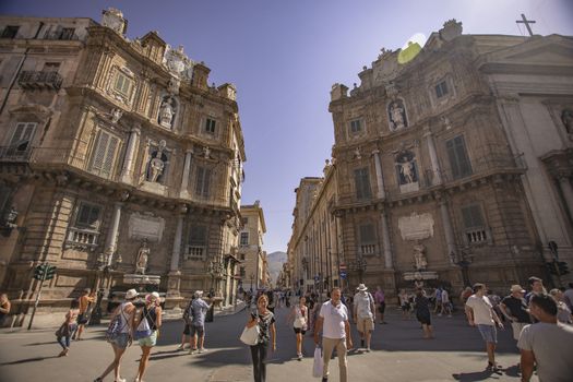 I Quattro Canti, or piazza Villena, or Ottagono del Sole, or Teatro del Sole, is the name of an octagonal square at the intersection of the two main roads of Palermo