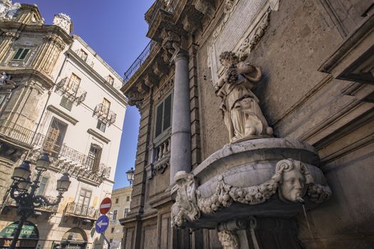 I Quattro Canti, or piazza Villena, or Ottagono del Sole, or Teatro del Sole, is the name of an octagonal square at the intersection of the two main roads of Palermo: the Via Maqueda and the Cassaro, today Via Vittorio Emanuele, in the middle about their length