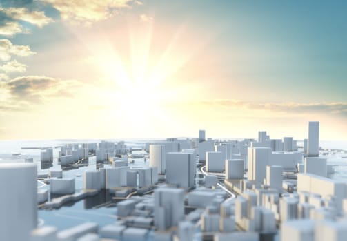 3D illustration. Futuristic City in sunny day. Sky background