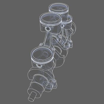 Engine pistons outline. 3D illustration. White lines and grey background