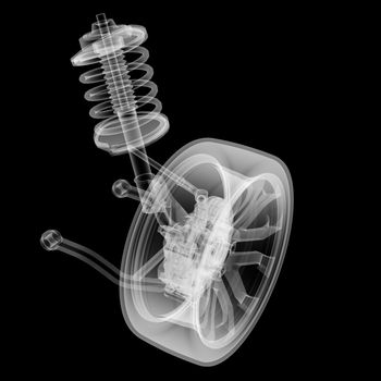 X-ray Car suspension and brake disk on black background, 3d illustration