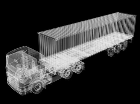 X-ray of heavy truck with semi-trailer on black background. 3D illustration