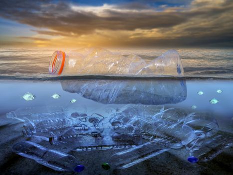Plastic waste on the beach, sea, concept of nature and environment preservation