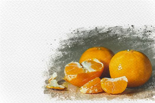 Three orange on wooden table. Digital watercolor painting effect. Copy space for text.