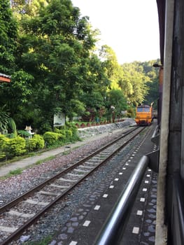 Railway tracks in a rural scene , Thai train travel routes