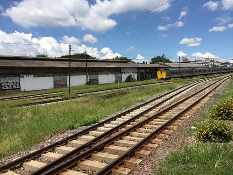 Railway tracks in a rural scene , Thai train travel routes