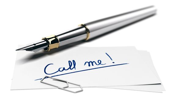 3D illustration of a fountain pen and a business card with the text call me over white background. Perspective view and blur effect.