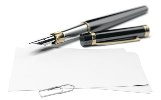 3D illustration of a fountain pen and a blank business card for communication over white background. Perspective view and blur effect on the pencil.