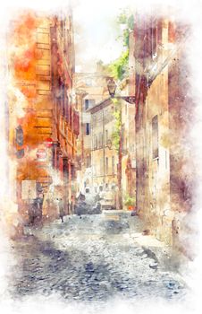 Digital illustration in watercolor style of narrow alleys of the old city in the center of Rome