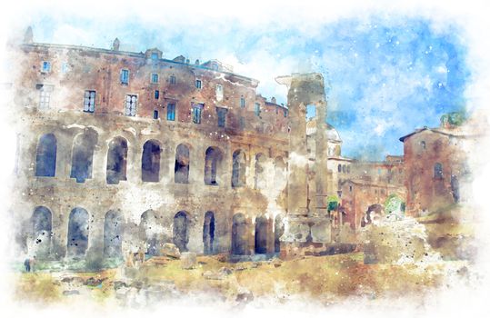 Digital illustration in watercolor style of Marcello Theater and Temple of Apollo Medicus Sosianus, view from Via del Teatro di Marcello, Rome, Italy