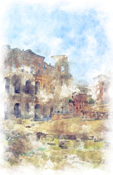 Digital illustration in watercolor style of Marcello Theater and Temple of Apollo Medicus Sosianus, view from Via del Teatro di Marcello, Rome, Italy