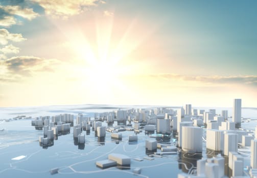 3D illustration. Futuristic City in sunny day. Sky background