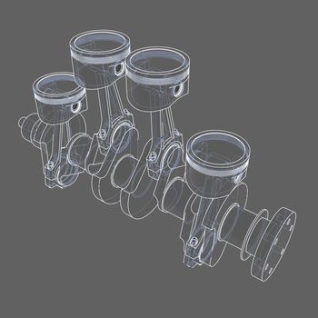 Engine pistons outline. 3D illustration. White lines and grey background