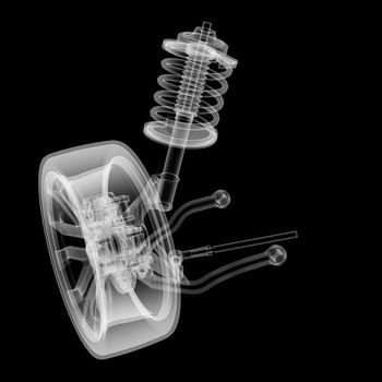 X-ray Car suspension and brake disk on black background, 3d illustration