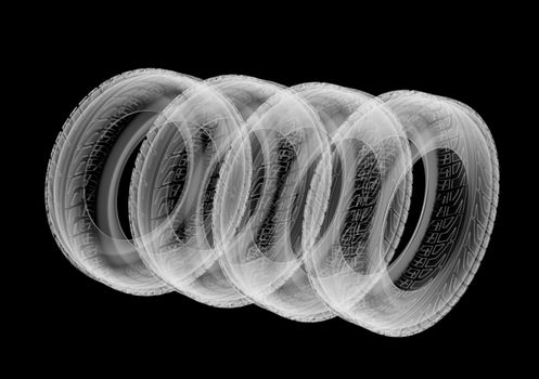 Car wheels X-Ray style. Isolated on black background. 3D illustration