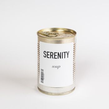 a jar containing Serenity concept soup c on a white surface