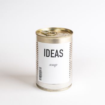 a jar containing idreas concept soup on a white surface