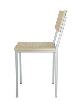 Side view of modern chair made from wood and metal, isolated on white background