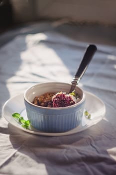 baked oat-blueberry crumble with mint in a white and blue plate on a rustic linen tablecloth. Save the space, top view. The concept of healthy proper nutrition for breakfast, vegetarianism