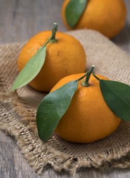 Fresh ripe tangerines with leaves in bowl on a wooden background.  Close up view.