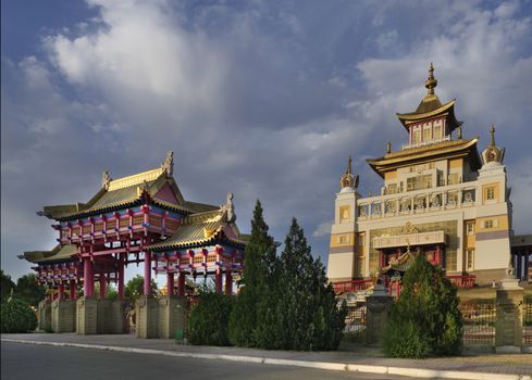 Elista, Russia. Buddhist complex Golden Abode of Buddha Shakyamuniin Kalmykia. Gates of Hurul.
