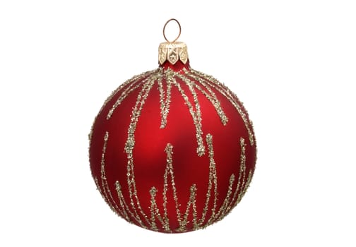 red christmas ball with golden strips, isolated on white background.