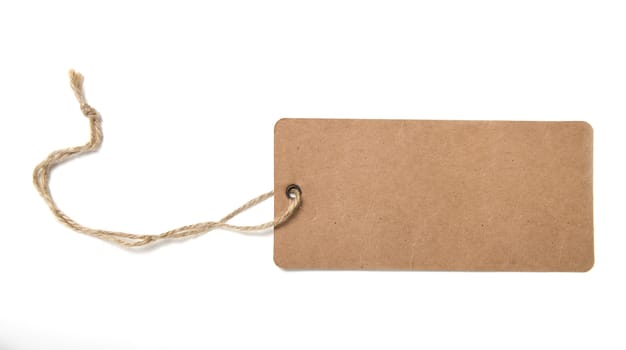 Blank tag tied with brown string isolated against a white background