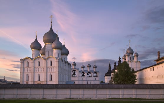 Rostov the Great, Russia. View on old Kremlin on against sunset sky.