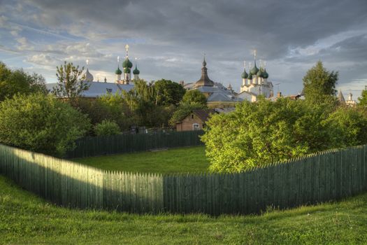 Rostov the Great, Russia. View on old Kremlin and old wooden houses.