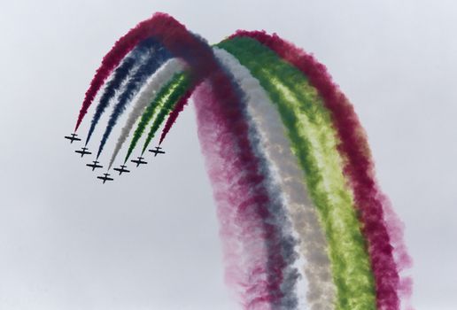 Aerobatic team making loopings in the air. Russia, Moscow Airshow in July 2017